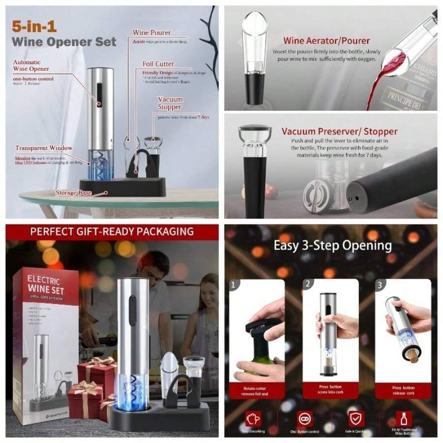 Wine Opener, 6 - In - 1 Rechargeable Wine Bottle Opener Set Includes Automatic Corkscrew Wine Opener, Foil Cutter, Vacuum Wine Stopper, Etc. Wine Lovers Silver - Hoạt động bằng pin - Xem 1