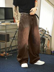 YANGCANREN 男士宽松休闲百搭阔腿牛仔裤，带口袋 - 咖啡棕 - 查看 3