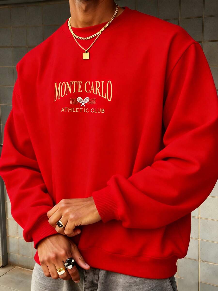 Men Letter Graphic Sweatshirt-Fall/Winter Casual Vintage Style Unisex Relaxed Fit Cotton Blend Long-Sleeve Crewneck Sweatshirt - Đỏ - Xem 1