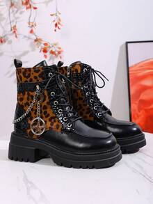 Women's Winter New Solid Color Patchwork Lace-Up Butterfly Metal Chain Side Zipper Thick Heel Ankle Boots, Punk Style Fashion Versatile Casual High Heel Booties