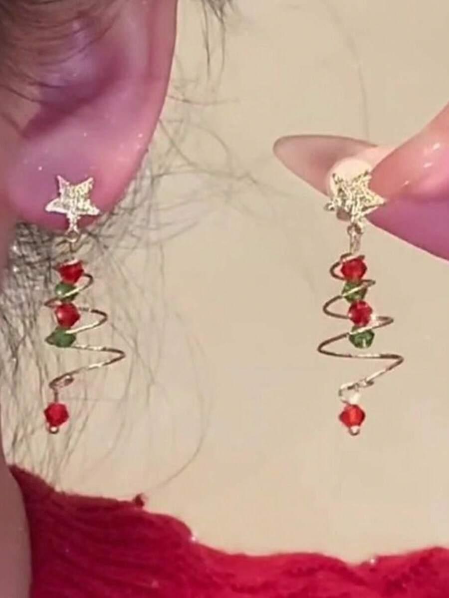 1对圣诞树耳环星星耳环轻奢高端气质耳钉耳饰耳坠耳饰 - 金色 - 查看 1