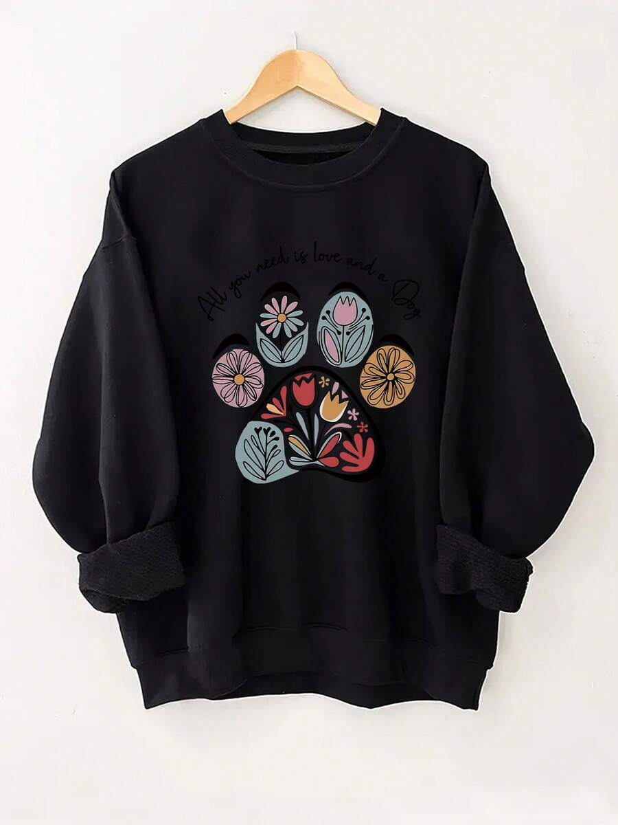 Winter Clothes For Women, Women's "All You Need Is Love And A Dog" Graphic Sweatshirt - Pink Dog Paw & Floral Print Pullover, Cozy Round Neck Casual Winter Sweater For Dog Lovers, Machine Washable Pet-Themed Apparel - 黑色 - 查看 1