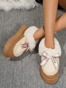 Botas de nieve de suela gruesa con lazo de unicolor, 2025. Botas cortas de invierno para mujer, acolchadas y cálidas para fiestas, uso casual, trayectos diarios u outdoor/esquí. Con forro térmico antideslizante.