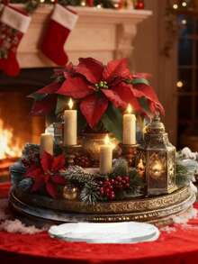 1 Stück elegante Acryl Weihnachtsmittelpunkt Dekoration - Feiertags Kerzenhalter Deko mit beleuchteter Kerze, Poinsettie und Beeren, goldene Akzente, geeignet für Zuhause und Büro, vielseitige Feiertags Dekoration