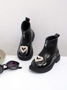 Kids Girls' Rhinestone Heart Classic Fashion Cute Casual Comfortable Mid-Calf Boots, Lightweight With Cushioning