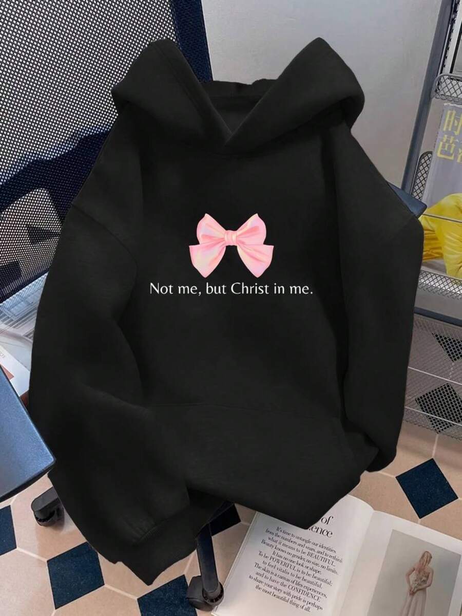 Sudadera casual para mujer con capucha, manga larga, corte holgado, estampado de moño, cordón, primavera otoño, estilo dulce escolar diaria - Negro - Ver 1