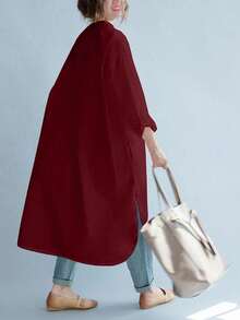 大码女式休闲纯色连衣裙 - 棗紅色 - 查看 3