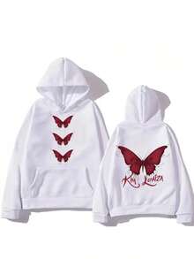 2025 Kimberley Royaz Men's Retro Gothic Punk Hoodie - Black Loose Fit Hip Hop Sweatshirt, Red Butterfly And Kimberley Royaz Pattern Print, Front Pocket And Adjustable Drawstring Hood, Comfortable Casual Streetwear, Hip Hop Hoodie, Comfortable Clothing, Durable Fabric, Street Fashion, Retro Style, Soft Material, Urban Style - 白色 - 查看 7