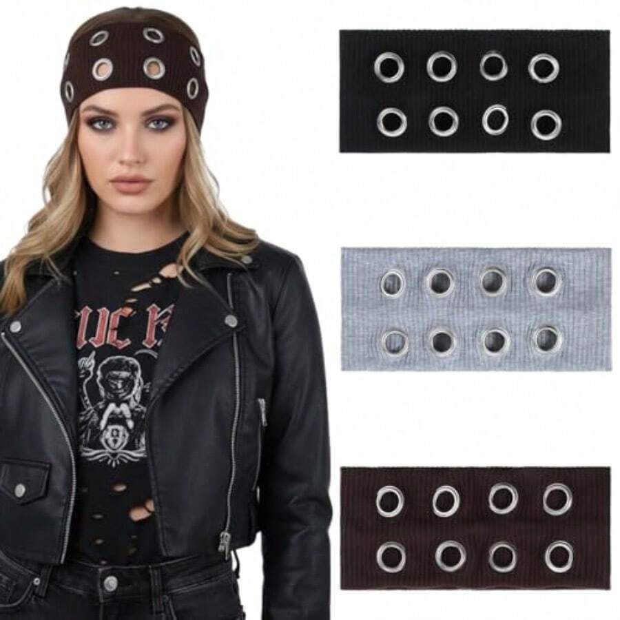 3 PCS Women Hollow Out Eyelets Elastic Headbands Fashion Grommet Wide Headbands Y2K Punk Grunge Wide Stretchy Hair Accessory For Women - Nhiều màu - Xem 1