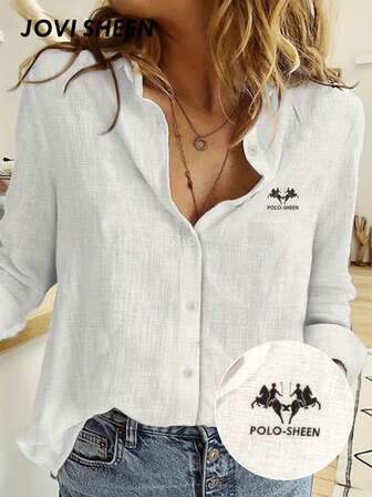 Camisa elegante para mujer con bordado ecuestre JOVI SHEEN, camisa blanca con botones de moda, camisa de oficina diaria para mujer, blusa diaria para ir al trabajo, versátil durante las cuatro estaciones, camisa de manga larga de otoño