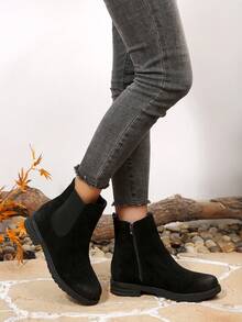 Botas de mujer de estilo occidental con cremallera lateral, de tacón plano de 3 cm, puntera redonda y, para uso casual al aire libre, viajes, vacaciones y caminatas