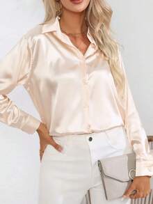 Women's Elegant Button Down Shirt Ladies Long Sleeve Tops Blouse Long Sleeve Office Work Shirt Silk Top Dressy Business Casual Work Tunic Fall Clothes - Rượu sâm banh - Xem 4
