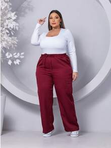 PLUS SIZE WIDE LEG HIGH WAIST PANTS WITH CARGO POCKET - 酒紅色 - 查看 7