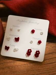 6 对植绒耳钉套装，安卡拉红复古优雅简约几何心形耳环套装，秋冬 - 酒紅色 - 查看 5