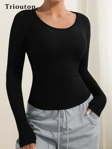 Women's Ribbed Long Sleeve Tee, Versatile Basic Daily Top For Minimalist Fall Winter Style | Women's Clothing - Black - View 4