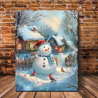 A Charming Snowman Painting - Unframed, Perfect For Living Room Decor, Ideal For Christmas And Winter Celebrations, Festive Snowy Night Scene With Snowman, House And Bird, Indoor Wall Hanging, Holiday Home Decor | Snowy Night Scene | Christmas Decor, 2D Flat, Perfect For Room Decoration, Christmas Canvas Print