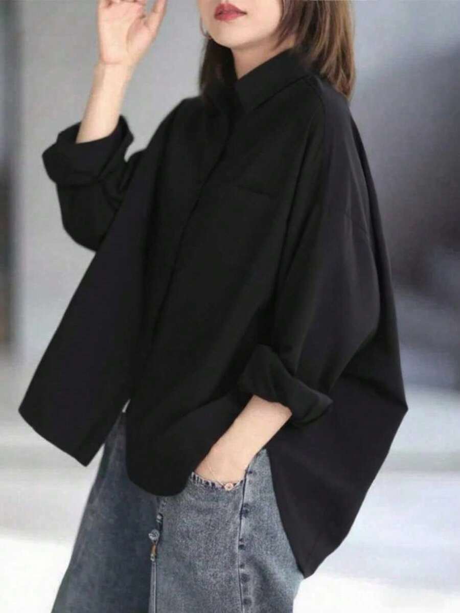Relaxed Plus Size Black Shirt, Collar Button Front, Dropped Shoulder Long Sleeves, Asymmetric Hem, Women's Lapel Long Sleeve Loose Oversize Shirt, Solid Color Bat Hem Casual Blouse, Minimalist Daily Versatile Outerwear Sun Protection Top Spring - Black - View 1