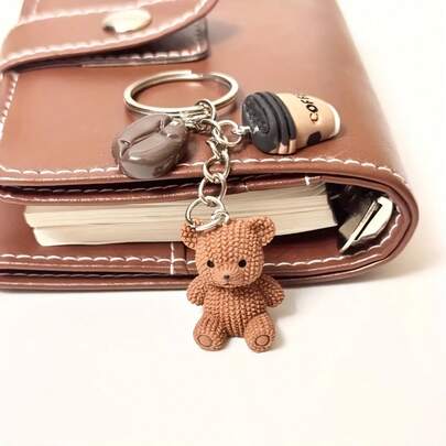 1pc Cute Teddy Bear Coffee Charm Keychain - Brown (Coffee Bean Color), With Metal Ring Closure - Birthday, Coffee Lover Gift, Party Favor, Bag & Notebook Decor - Women's Fashion Accessory, Fun Design, Durable Metal Ring, Ideal For Women And Men, Birthday, Christmas, Thanksgiving And Winter Gift, Coffee Shop Accessory