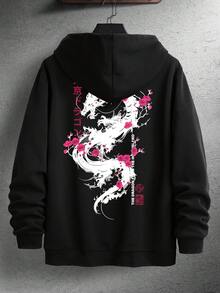 Men's Autumn/Winter Street Style Japanese Dragon & Cherry Blossom Print Hoodie Sweatshirt, Suitable As Gift For Husband, Boyfriend, Friend, Long Sleeve Top - Black - View 4