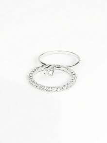 Kit With Two Rings Solitaire Ring + Wedding Ring Studded With Rhinestones Silver Plated - Bạc - Xem 5