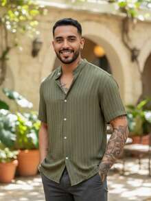 Men's Short Sleeve Shirt With Priest Collar Elegant Casual Party Work - 橄欖綠 - 查看 1