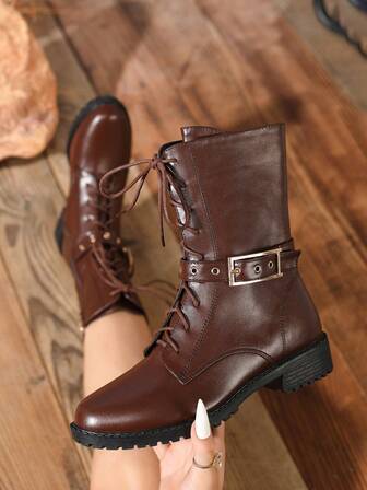 Fall/Winter Women's Fashion Lace-Up Boots, Commuting Mid-Calf Boots With Chunky Heel, New Buckle Side Zipper Casual Boots For Vacation, Party, Outdoor, Western Style Lace-Up Boots With Metal Eyelets, Motorcycle Boots, Round Toe Comfortable Brown Boots