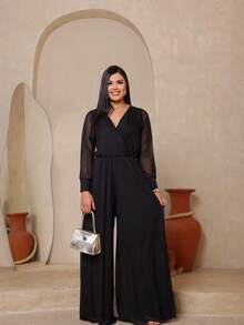 Long Sleeve Micro Tulle Pantaloon Jumpsuit - Black - View 1