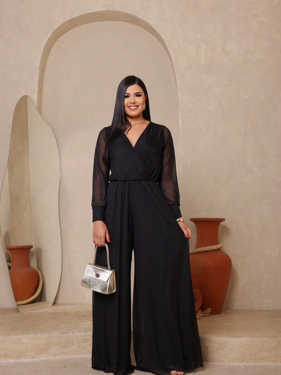 Long Sleeve Micro Tulle Pantaloon Jumpsuit - Black - View 1