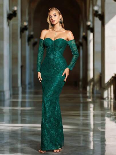 VIPGIRL Women's Green Elegant Vintage Off-Shoulder Long Sleeve Lace Fitted Maxi Evening Dress