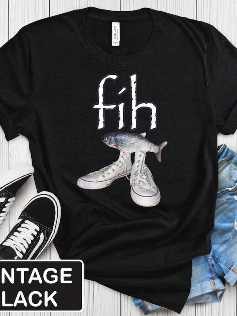 Fih Shirt, Fih Shoes Fish Shirt, Funny Misspelled Fish Meme Unisex Tee, Humor T-Shirt, Fih Calling, - 黑色 - 查看 1