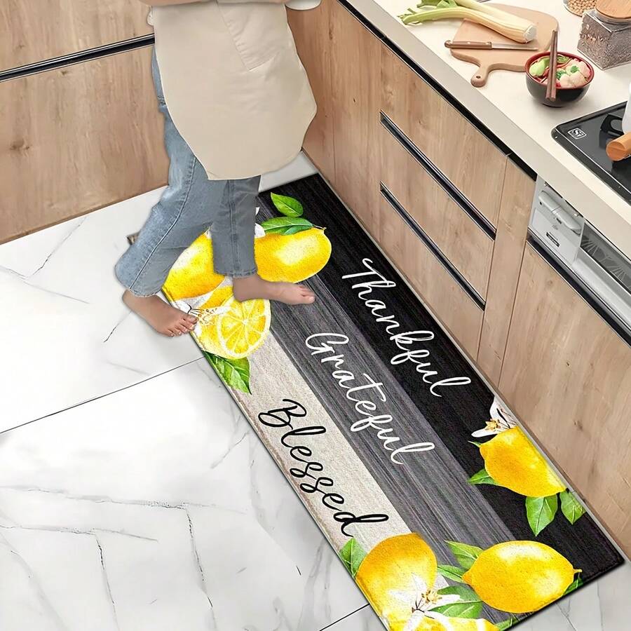1 pieza Alfombra impresa con patrón de limón, tapete de lana sintética - Altamente absorbente, fácil de limpiar, adecuado para decoración del hogar, estilo rústico, entrada, interior, habitación, cocina, comedor, oficina pequeña/oficina en casa, fregadero, lavandería, felpudo, alfombrilla de cocina, alfombrilla antideslizante