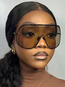 1pc Oversized One-Piece Metal Fashionable Glasses, Brown Glasses, Retro, High-End, Personalized, Versatile Men's And Women's Fashion Glasses, Fashion Glasses Suitable For Daily Wear, Street Photography, Vacation, Tourism, Beach Accessories - 彩色 - 查看 2