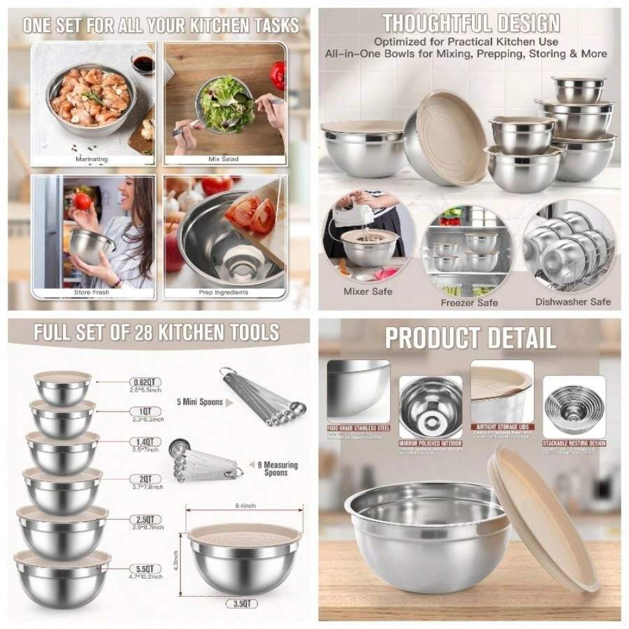 Juego de cuencos para mezclar con tapas hermticas, 28 cuencos de acero inoxidable con tazas medidoras y 14 cucharas medidoras para cocinar, hornear, servir, almacenamiento de alimentos, tamao 5.5 - Caqui + 7+14 - Cuencos y cucharas - Ver 1