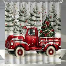 1pc Christmas Tree, Red Car, Star Topper, Snowy Pine Tree Pattern Digital Printing Shower Curtain, Minimalist Luxurious Style, Mildew Resistant Waterproof, 12 Plastic Hooks And Metal Eyelets, Sturdy Bathroom Accessory, Suitable For Christmas Home Decor