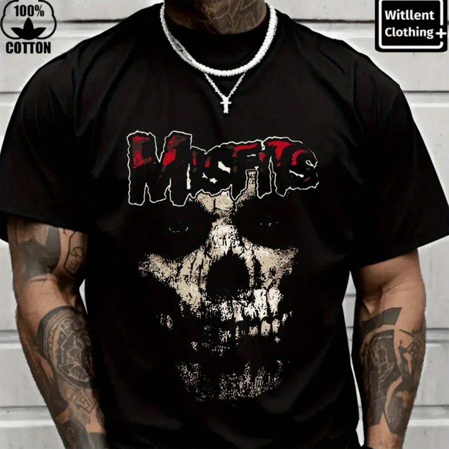 2025-26 New Misfits Skull Graphic 's Wo T-Shirt - Black Edgy Casual Crew Neck  With Bold 3D Print 100% Cotton Hine.Jpg - màu đen - Xem 1