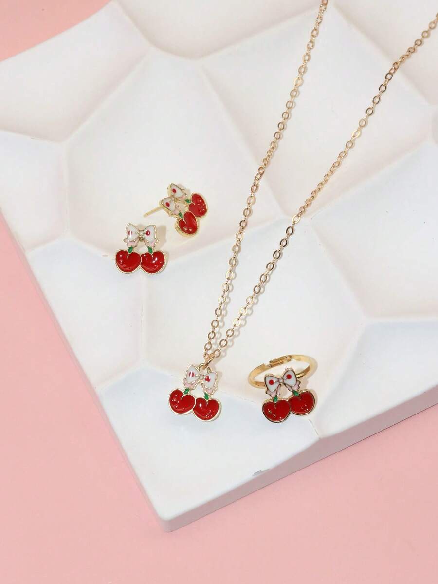 4pcs/Set Cute Cartoon Pendant Chain Necklace, Earrings, Ring Alloy Children Jewelry Set - Red - View 1
