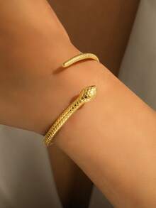 1pc Elegant Luxury Minimalist Design Stainless Steel Snake Texture Adjustable Bangle Bracelet, Suitable For Daily Wear, Gatherings, Parties And Any Occasion