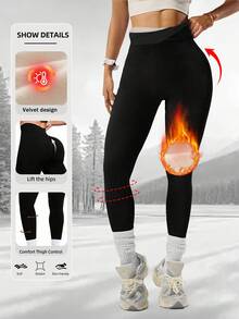 Calça térmica feminina de inverno com forro térmico, leggings confortáveis e quentes, 350g, super grossa, à prova de frio, cintura alta, estilo esportivo casual elástico, não restritiva, tecido respirável, ajuste justo, resistente ao frio e quente - Preto - Ver 3