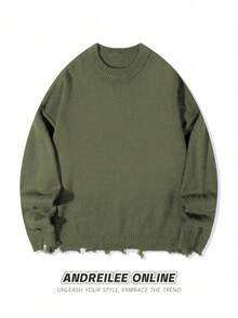 Autumn/Winter Unisex Street Style Minimalist Long Sleeve Crew Neck Pullover Sweater With Fringe & Distressed Details, Loose & Comfortable
