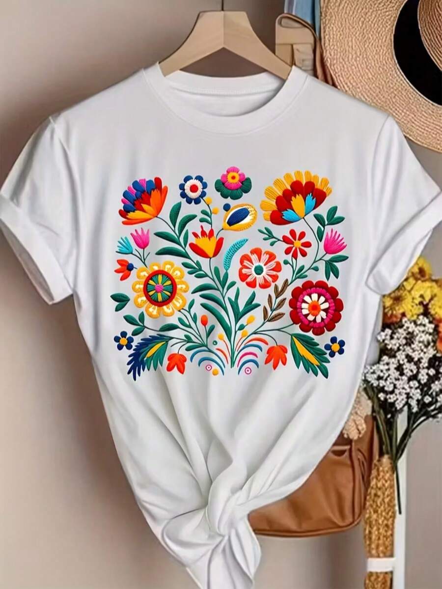 Camiseta de Cuello Redondo para Mujer - Esto es una impresión, no un bordado. Top Bohemio Suave con Estampado Floral, Camiseta Casual Sin Perforaciones para Festivales, Fiestas y Outfits Diarios - Ropa Étnica Boho para Mujer, Atuendo de Festival, Camiseta con Patrón , Ajuste Cómodo Mujer camiseta casual bordado floral colorido suelta cuello redondo manga corta primavera verano uso diario - Blanco - Ver 1