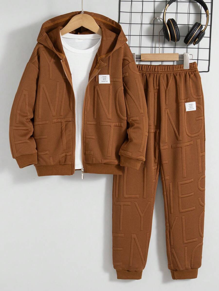 Bộ 2 áo khoác hoodie trơn màu có khóa kéo và quần dài cho bé trai, mùa xuân/thu - màu nâu - Xem 1