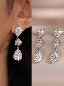 一对奢华新娘立方氧化锆水滴形吊坠耳环，适合女士婚纱、日常佩戴，皇家风范。情人节配饰 - A - 查看 14