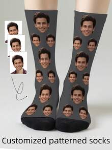 1 Pair Customized Face Design Unisex Mid-Calf Socks, Personalized Socks With Photo & Text Logo, Interesting Custom Portrait Socks For Men & Women, Suitable For Daily Wear, Holidays, Birthdays, Couple & Wedding Gifts - Multicolor - View 1