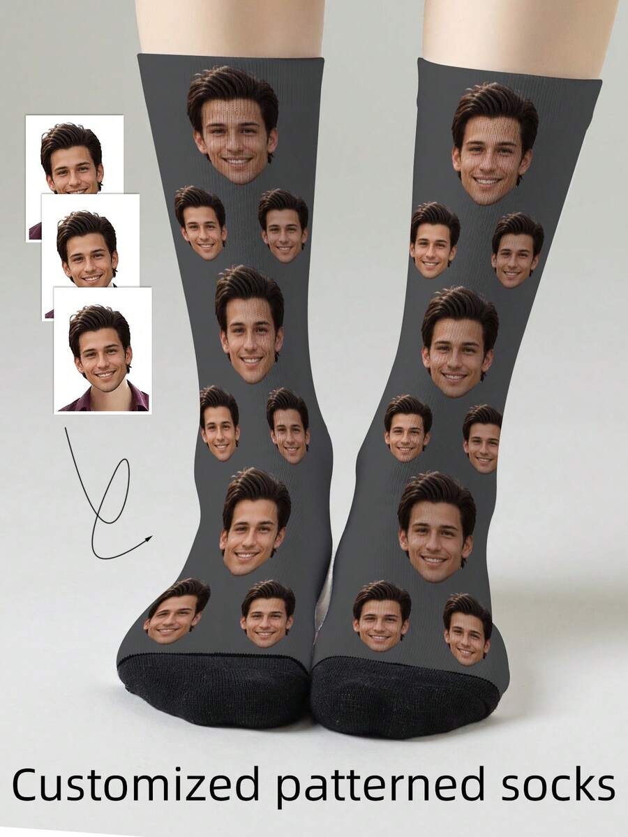 1 Pair Customized Face Design Unisex Mid-Calf Socks, Personalized Socks With Photo & Text Logo, Interesting Custom Portrait Socks For Men & Women, Suitable For Daily Wear, Holidays, Birthdays, Couple & Wedding Gifts - Multicolor - View 1