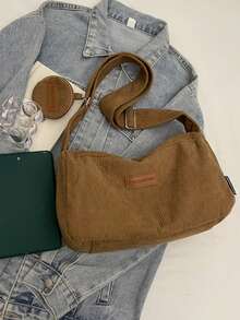1pc, Versatile Fashion, Niche Design, Shoulder Messenger Bag, Solid Corduroy Fabric Labeling With Hanging Small Bag Decoration, Adjustable Shoulder Strap, Multi-Color Optional Square Bag, Suitable For Ladies' Daily Commuting And Shopping Occasions.