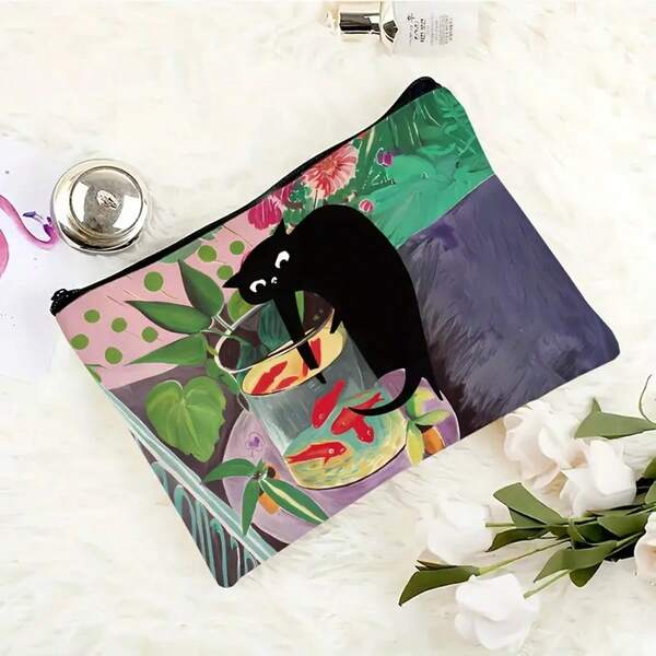 Bolsa de cosméticos con cierre de cremallera con diseño de gato negro mágico y pez dorado - Organizador de maquillaje y viaje con patrón floral vibrante - Bolsa unisex de material duradero, adecuada para amantes de los gatos, mujeres, hermanas - Regalo de Acción de Gracias y cumpleaños, diseño con cremallera, bolsa de aseo, estampado divertido, construcción resistente, bolsa de almacenamiento con cremallera, regalo exclusivo para hermanas