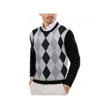 Men's Crew Neck Sweater Slim Fit Lightweight Sweatshirts Knitted Pullover For Casual Or Dressy Wear - 黑色菱形花紋 - 查看 1