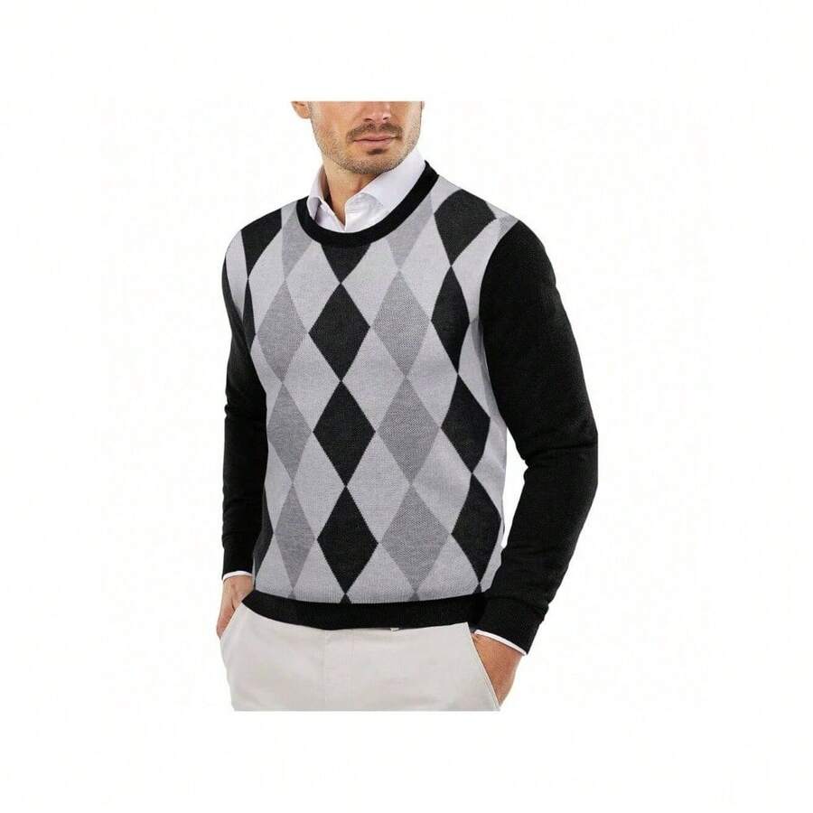 Men's Crew Neck Sweater Slim Fit Lightweight Sweatshirts Knitted Pullover For Casual Or Dressy Wear - 黑色菱形花紋 - 查看 1