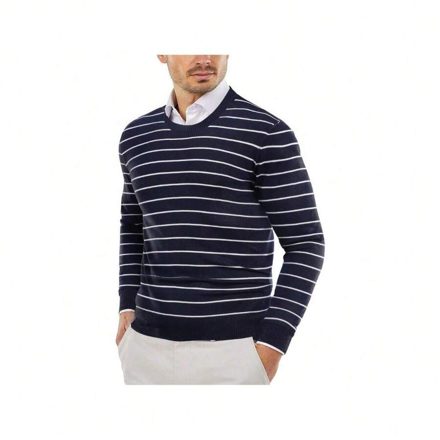 Men's Crew Neck Sweater Slim Fit Lightweight Sweatshirts Knitted Pullover For Casual Or Dressy Wear - 橫條紋白色和海軍藍 - 查看 1