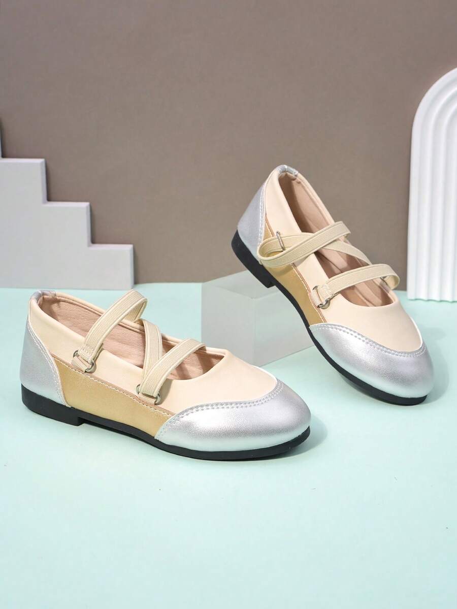 1 par de zapatos planos beige para niñas pequeñas, parte superior de PU con bloque de unicolor y parche, diseño de correa en Z antideslizante, punta redonda, suela blanda de TPR, zapatos elegantes de princesa adecuados para niñas de 3 a 12 años, vacaciones, deportes, nuevo lanzamiento para otoño/invierno 2025